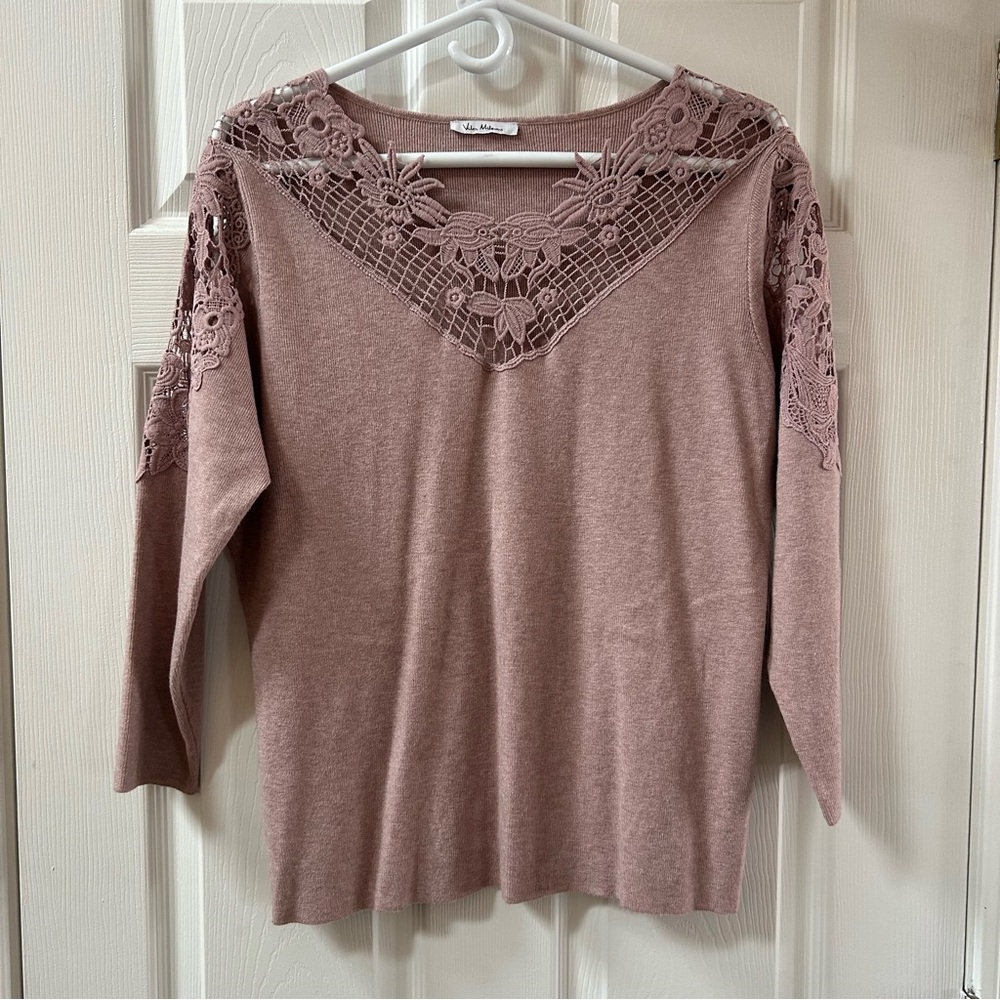 Vila Milano 3/4 Sleeve Dusty Rose Sweater with Crochet Detail Size Large
